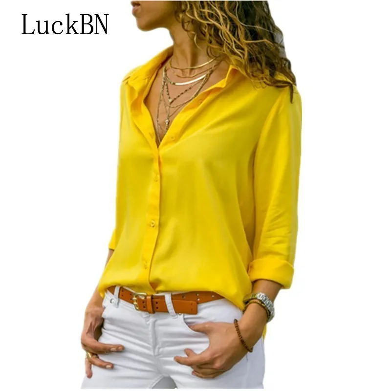 

Женская шифоновая блузка, элегантная однотонная блузка с длинным рукавом и V-образным вырезом, для работы, на лето и осень, 2019