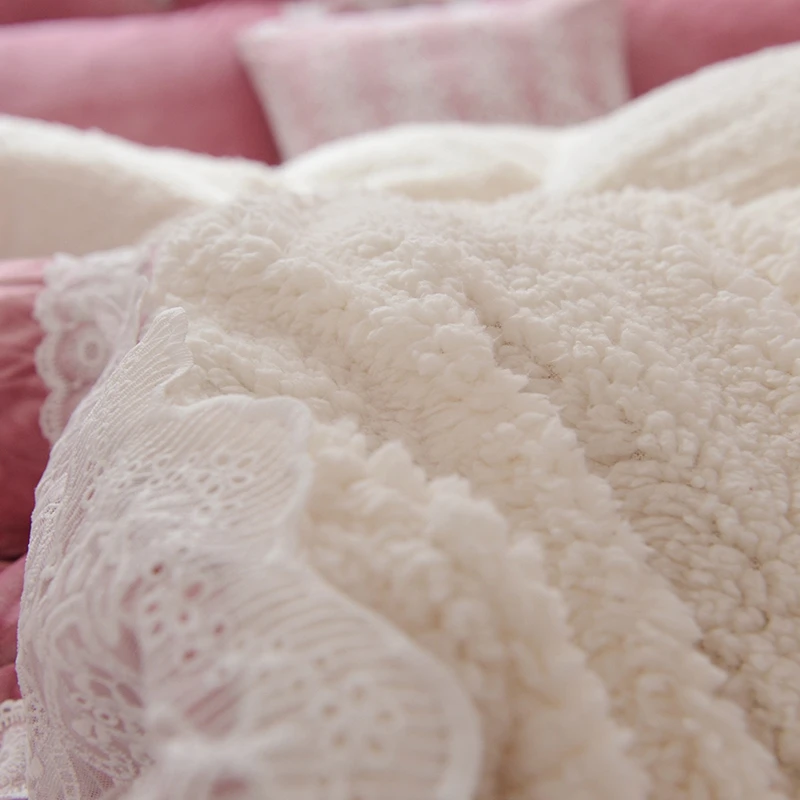 Blue Pink Purple Soft Berber Fleece Princess Girl White Lace Bedding Set Fleece Fabric Duvet Cover Bed sheet/Linen Pillowcases