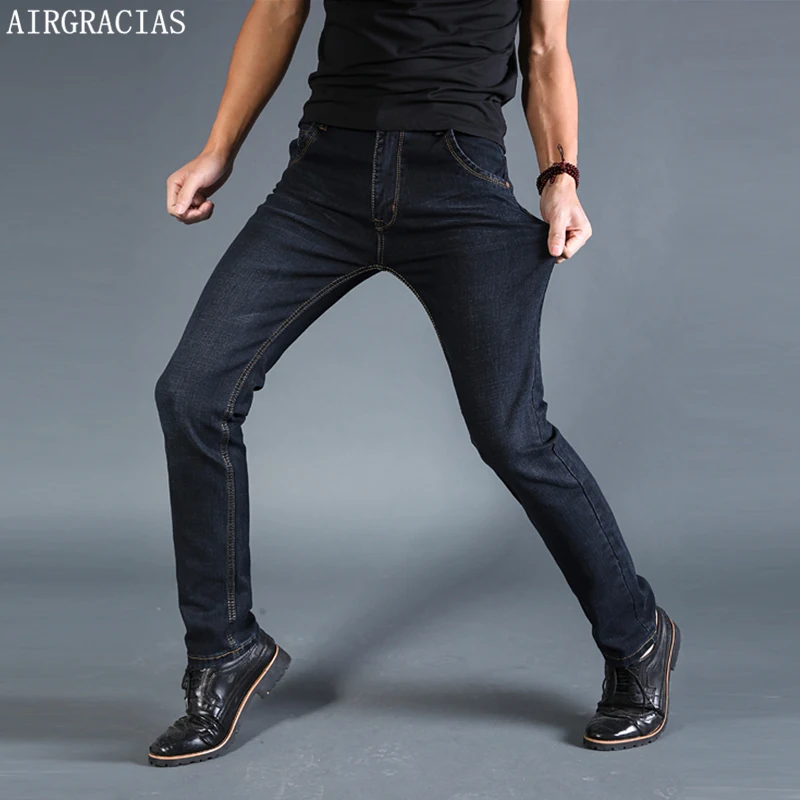 

AIRGRACIAS Men jeans Elastic Classic Straight Long Trousers Pants Cotton Denim Jeans Men Spring New Fashion Men Jean Black/Blue