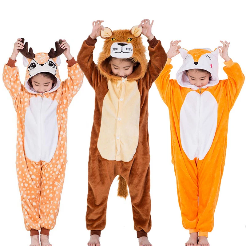 

Kids Animal Overalls Kids Onesies Lion Deer Fox Kigurumi Flannel Warm Sleep Suit Boy Girl Festival Christmas Party Funny Pajamas