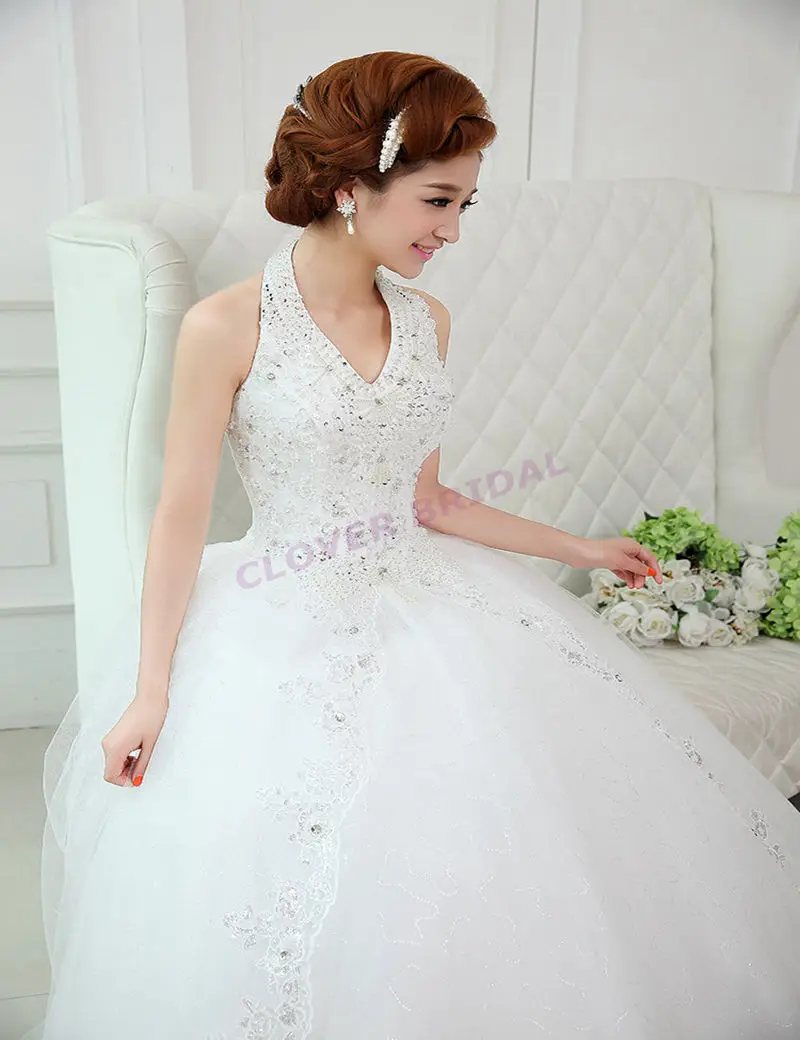 2016 New Luxury Sexy Lace Halter Pearl Tiered Bow Beaded Crystal Sequine Tassel Ball Gown Princess Wedding Dresses For Bridal | Свадьбы и