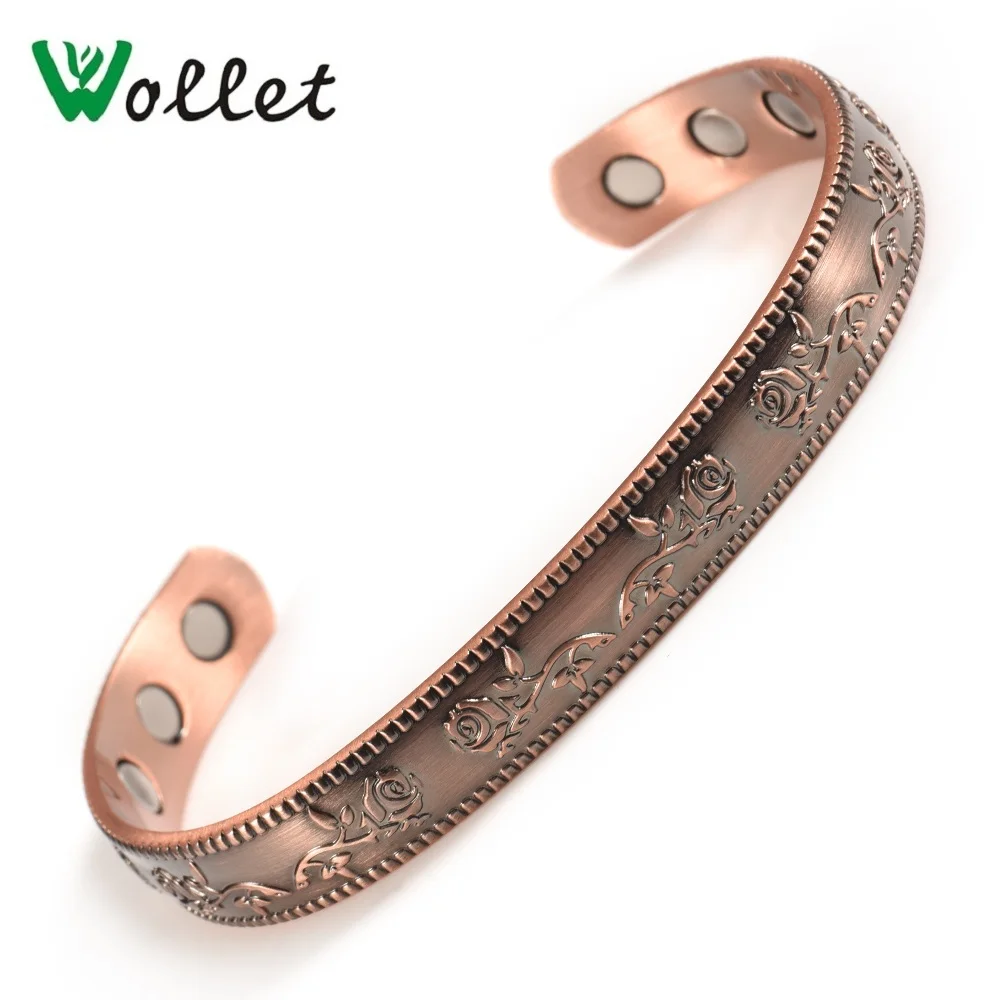 Ювелирные изделия Wollet из чистой меди, био магнитные браслеты, браслеты для мужчин и женщин, забота о здоровье, анти артрит, ревматизм, облегчение боли - Окраска металла: Rose Flower