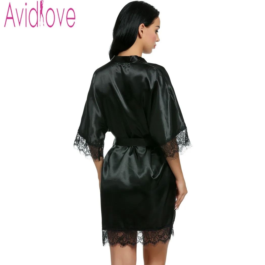 Avidlove Ночное Платье женское Короткое атласное свадебное платье кружевное шелковое кимоно халат со съемным поясом Пижама для невесты пеньюар