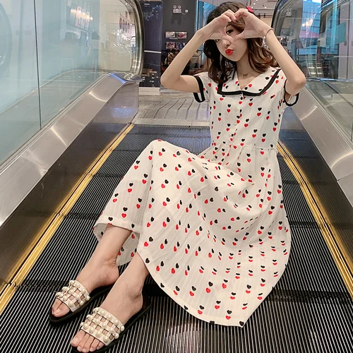 

Loose New 2019 A-line Print Dresses Single Breasted Casual Brief Dresses Korean Vintage Peter Pan Collar Women Dress