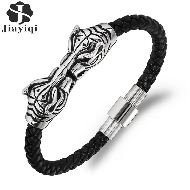 Мужской кожаный браслет Jiayiqi с тигром плетеный из нержавеющей стали магнитными