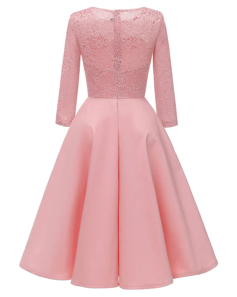 Vintage Lace A Line Ball Gown Women seven Quarter Sleeve O-neck Satin MIDI Party Dress Wedding Guest evening Dresses | Свадьбы и