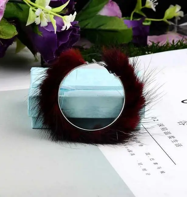 Серьги-кольца из натурального меха норки 5 см, большие размеры, серьги-кольца из меха енота, теплые рождественские подарки, круглые серьги для зимы, круглые ювелирные изделия - Окраска металла: red