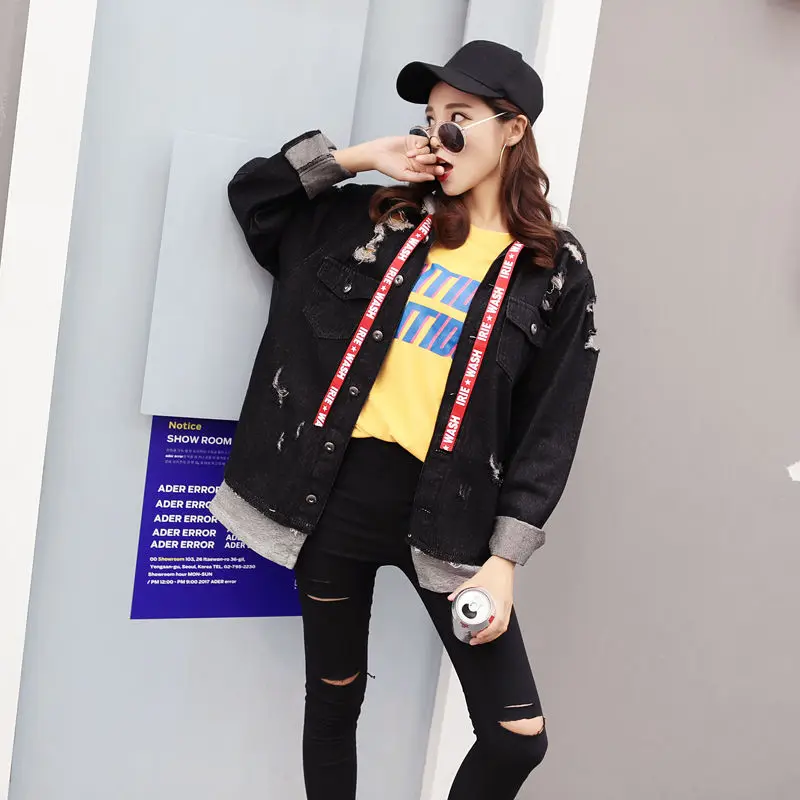 Осень-зима джинсовая куртка женская с длинным рукавом капюшоном черный одежда