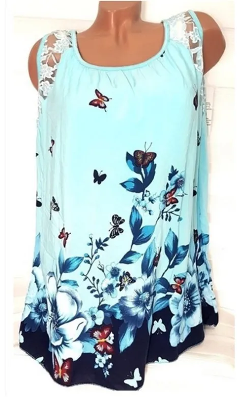 SYF 0918 Light Green 5XL размера плюс женская футболка летние пляжные Сексуальные Топы повседневные кружевные лоскутные Футболки без рукавов с принтом бабочки женские свободные топы - Цвет: SYF 0918 Light Green