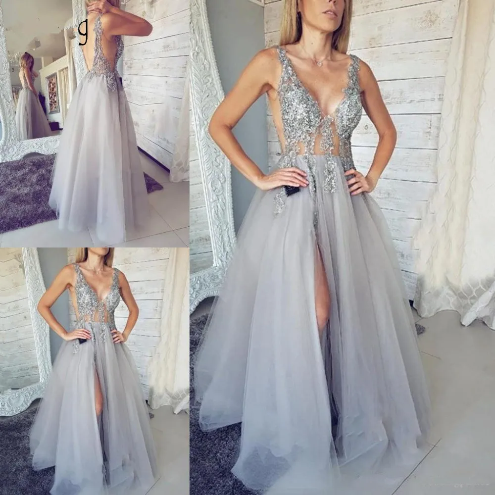 

Silver Prom Dresses A-line Deep V-neck Tulle Beaded Lace Slit Party Maxys Long Prom Gown Evening Dresses Robe De Soiree