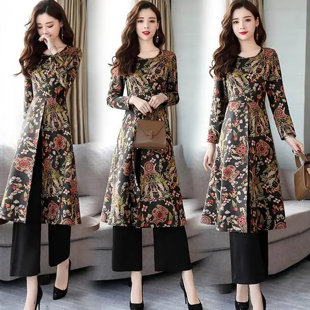 Женский этнический костюм с цветочным принтом элегантный из двух предметов
