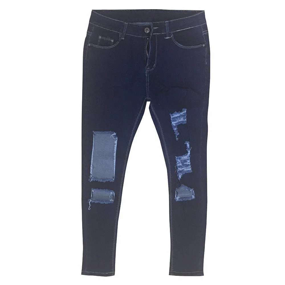 Женские джинсы брюки со средней талией обтягивающие джеггинсы синие рваные для