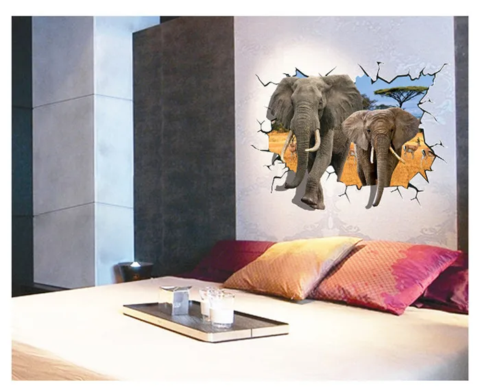 Наклейка большого размера с изображением слонов 3D эффектом на стену спальни