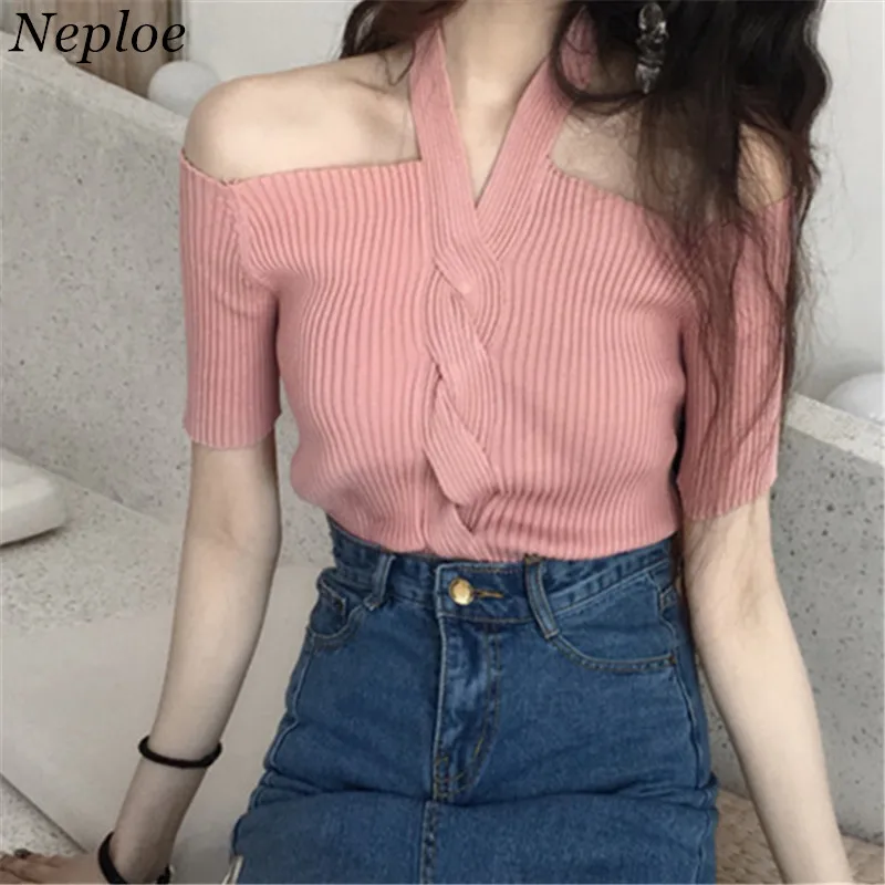Neploe пикантные однотонные женские футболки корейская мода топы с открытыми