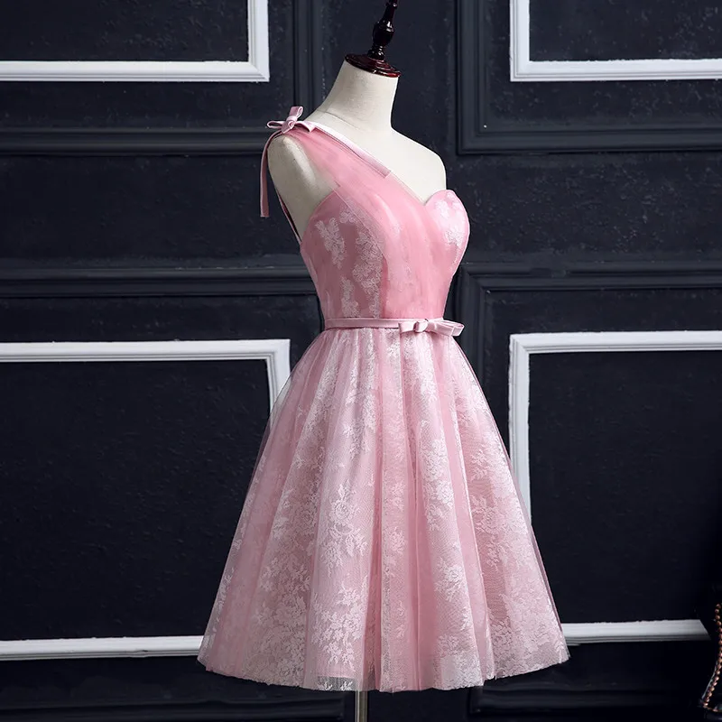 

In Stock Sleeveless Lovely One-Shoulder Tulle And Lace Robe De Soiree Vestido De Noiva Pink Party Dress One-piece Plus Size