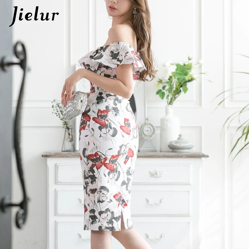 Jielur/женское платье с открытыми плечами и оборками; обтягивающее летнее платье с коротким рукавом; Посылка; облегающее пляжное платье с цветочным принтом; vestidos mujer