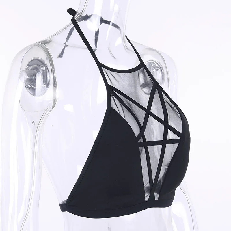 Hollow out Pentagram Halter Tank Tops Dark Fashion Padded Hanging Neck Mesh Perspective Women's Summer Backless Sexy Vest | Женская