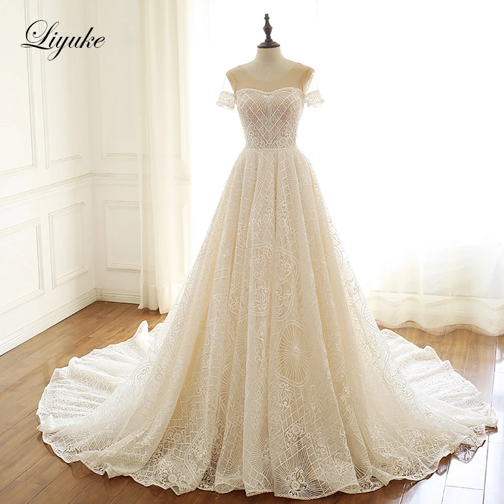 

Liyuke Embroidery Lace Scalloped Neck A-Line Wedding Dress Short Sleeve Wedding Gown