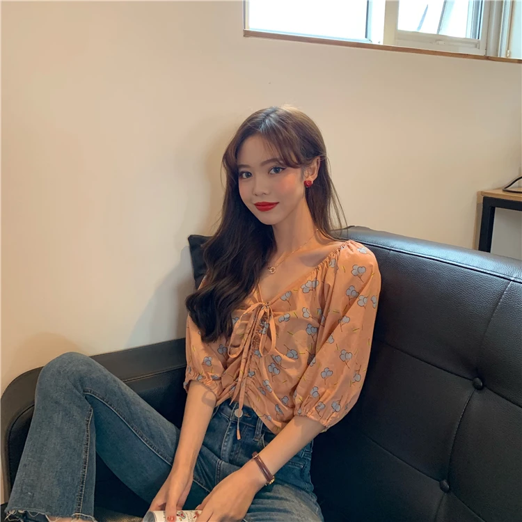fashion puff sleeve Drawstring lace up summer new v-neck sweet Blouses Women Shirts brand Korean tops aesthetic hot ins |