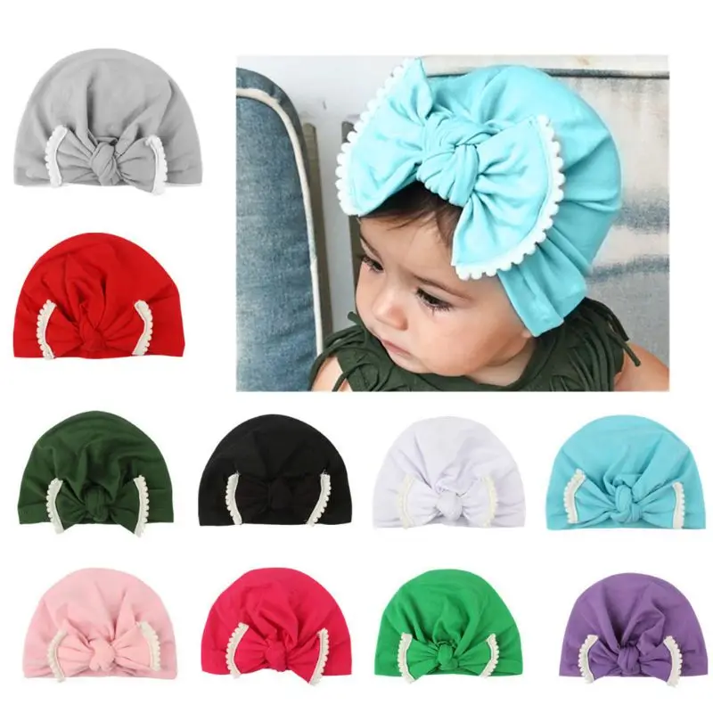 

Newborn Infant Baby Cotton Knotted Turban Hat Contrast Candy Color Ruched Pleated Sleep Cap Headwear Ruffles Bowknot Beanie Phot