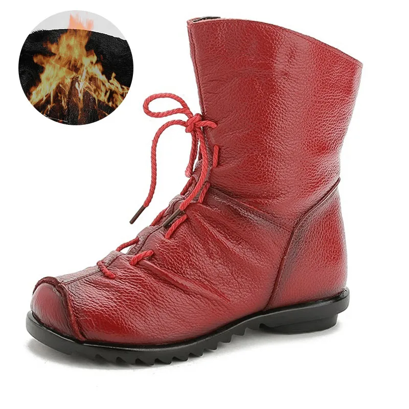 Fur Red MCCKLE женщин Старинные натуральный Кожаные Сапоги Весна Осень Новая Мода Платформа Ботильоны Повседневная Ковбойские Сапоги Обувь Женщина - Цвет: Fur Red