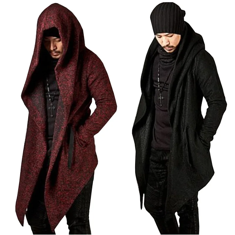 

Autumn Black Outerwear Novelty Punk Cloak Long-sleeve Solid Color Men's Hooded Irregular Hem Jacket Goths Bandage Trench Male