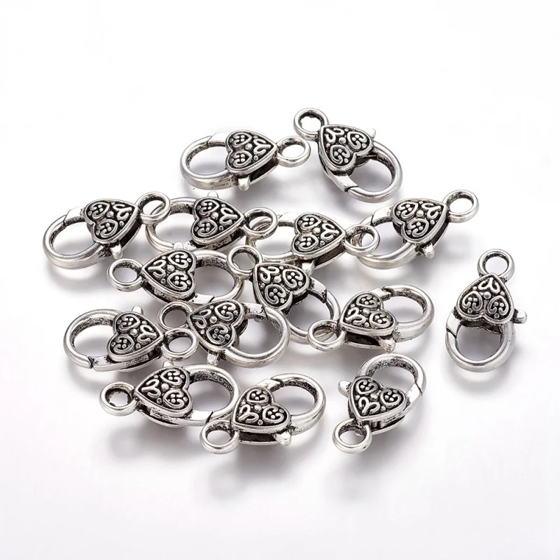 Antique Silver 50 шт. в тибетском стиле с застежкой в форме сердца и лобстера, античная бронза, серебро, золото, для рукоделия, ювелирные аксессуары, рукоделие, 25,5x14x6 мм - Цвет: Antique Silver