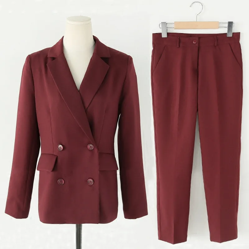 Autumn and winter women black / red elegant suit OL white - collar beauty and leisure trousers Two pieces / sets