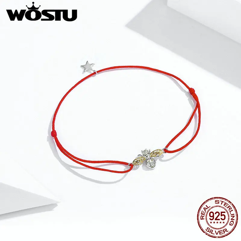 WOSTU Лидер продаж Аутентичные 925 пробы Серебряный Красный веревочный пчелиный браслет для женщин означает удачу каждый день ювелирные изделия подарок CQB156