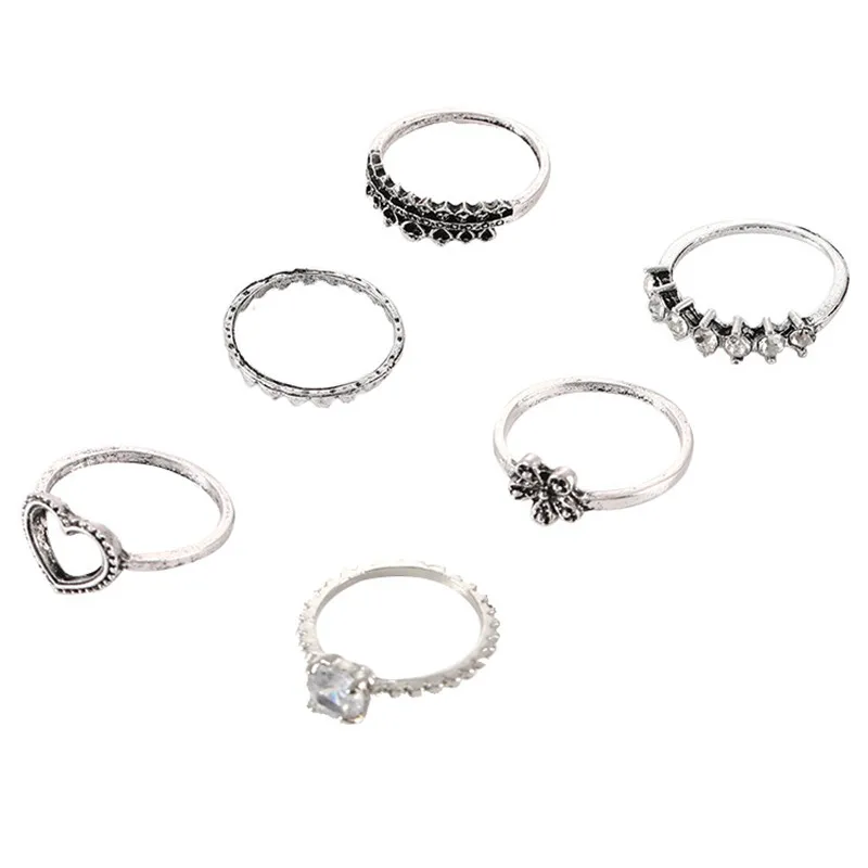 Уникальный комплект панк-колец с серебряным цветком Женское кольцо 6 колец хит