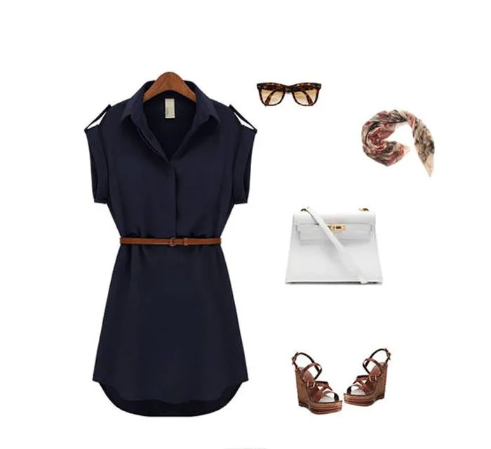 Feitong 2014 Hot Saels New Arrival 1PC Women Short Sleeve Belt Shirt Stretch Chiffon Casual OL Dress Free shipping &amp wholesale |