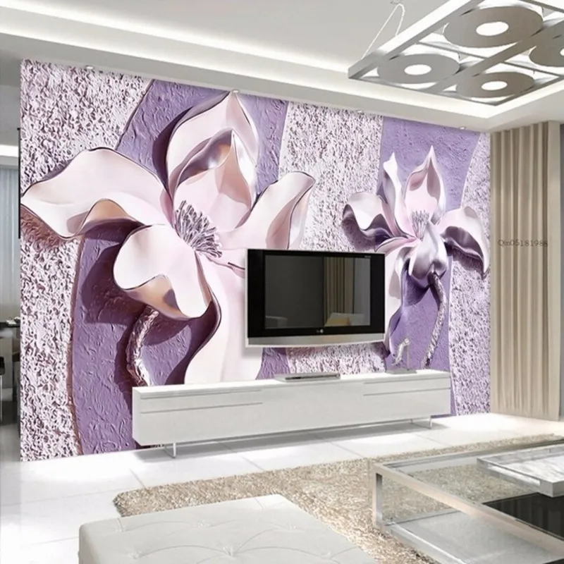 

Beibehang 3D embossed wallpaper living room TV background wallpaper bedroom background photo murals purple magnolia wallpaper 3d