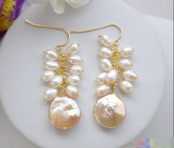 &gt&gt&gt P4425 14 мм розовый монета белый рис пресной воды жемчуг мотаться серьги|earrings