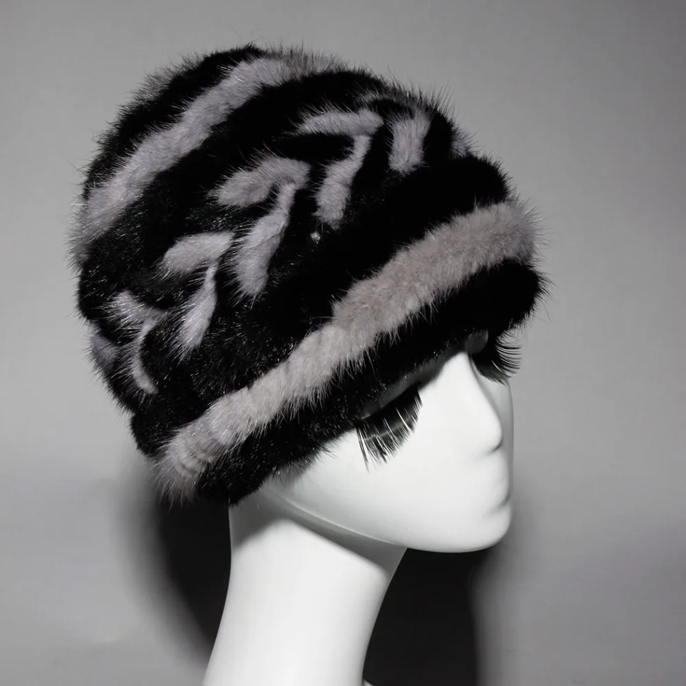 Вязаная шапка из меха норки для женщин в полоску натурального модель 15676 года|knitted