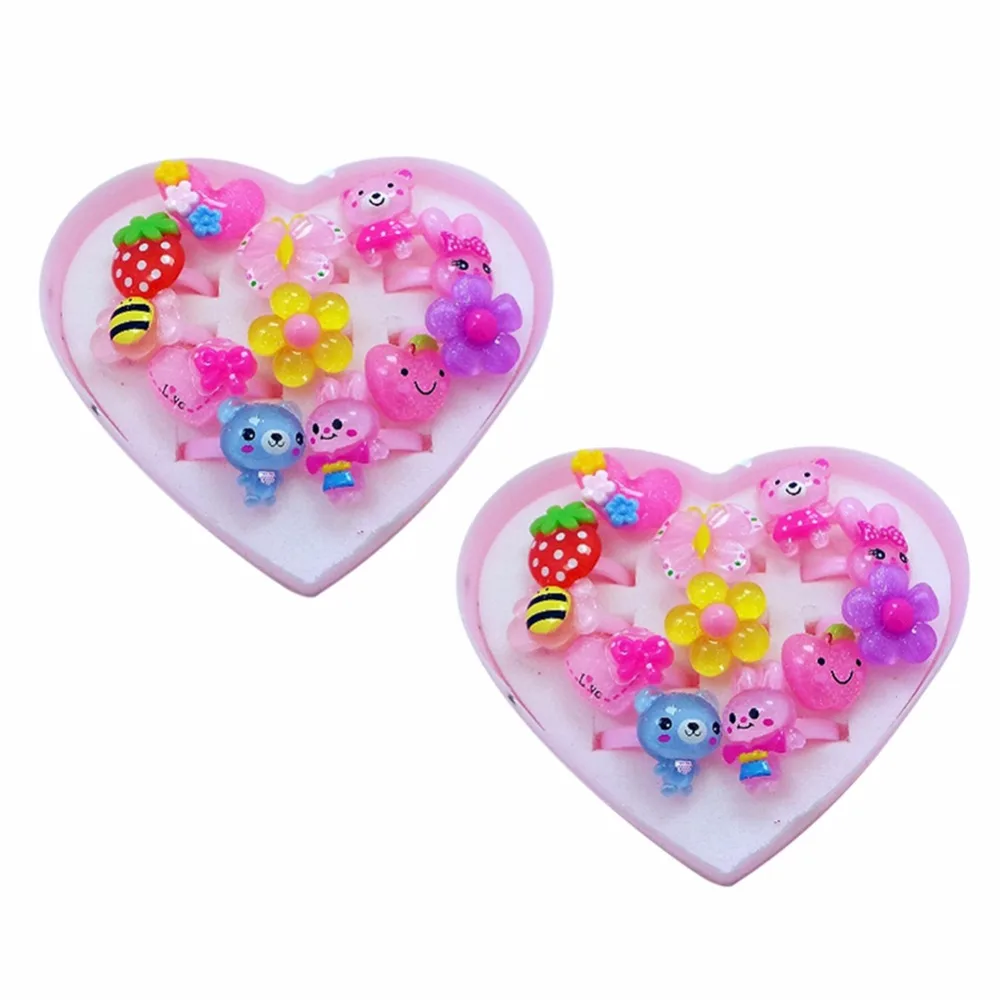 Fatpig 12pcs / set Mix Animals Flower Heart Assorted Baby Kids Girl Children's Cartoon Rings With Display Box For Birthday Gifts |