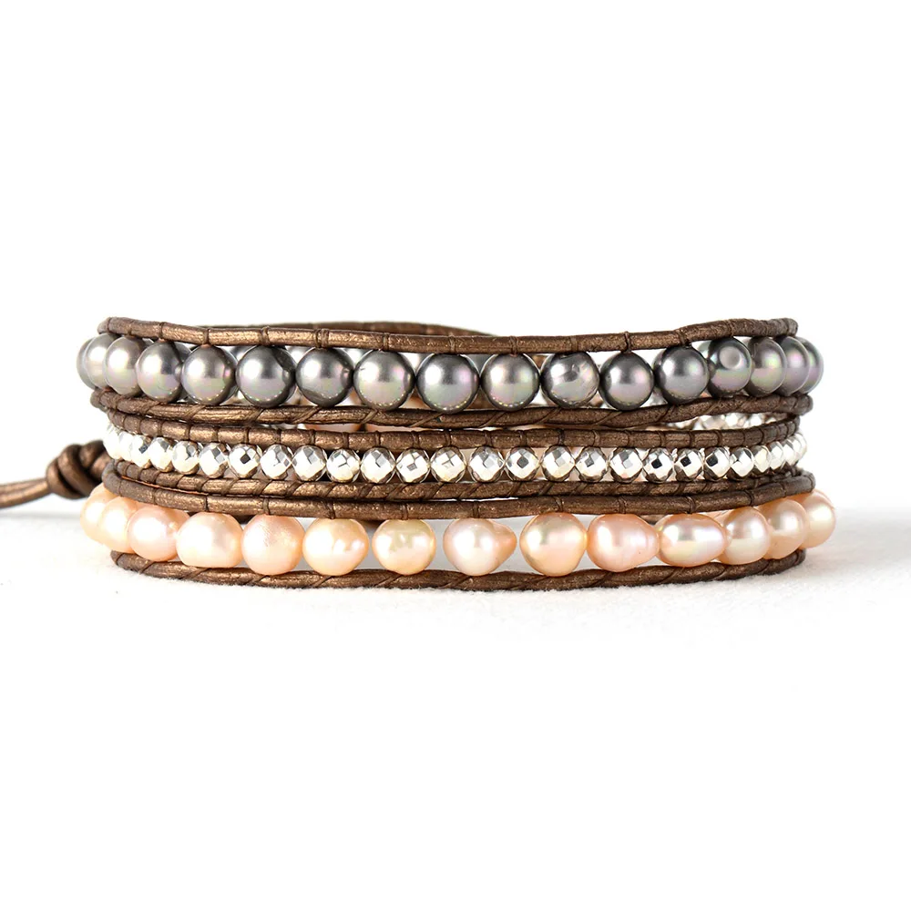 Women Wrap Bracelets Freshwater Pearl 3 Strands Leather Rope Woven Bracelet Statement Mother's Day Gifts Jewelry | Украшения и