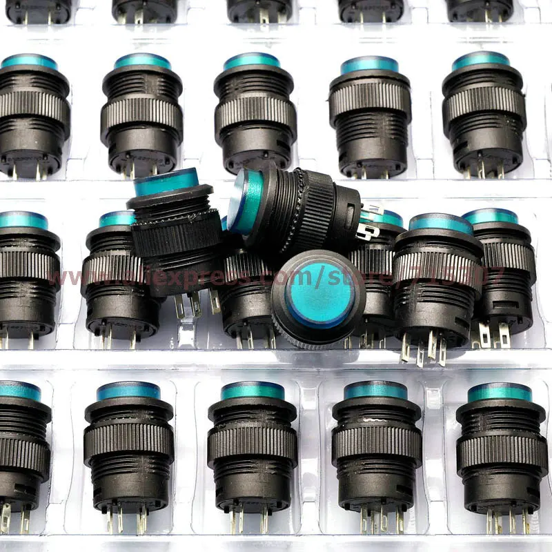 PHISCALE 20pcs push button switch R16-503BD 16mm round shape non locking with green light 250v 3A 4pins | Обустройство дома