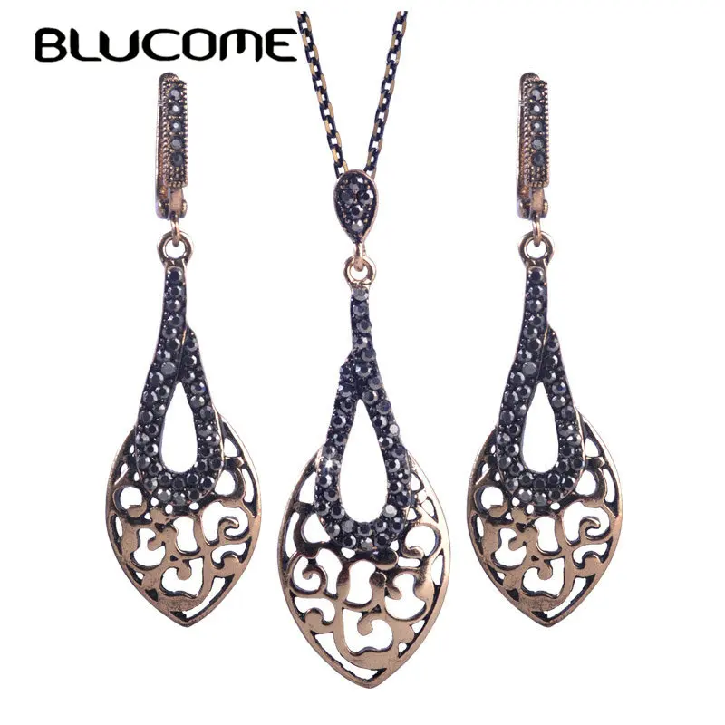 

Blucome Turkish Style Hollow Pattern Long Drop Earrings Necklace Set Jewelry French Ear Hooks Accessories For Women Mother Gift