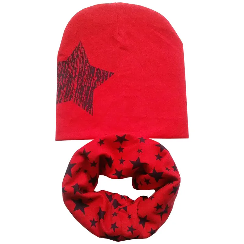 Red small star set Полосатый хлопковй с принтом звезды детский набор из шапки и шарфа для маленьких мальчиков и девочек Кепки шарф осень-зима детская шляпа, шарф воротник Детские вязаные шапки Кепки - Цвет: Red small star set