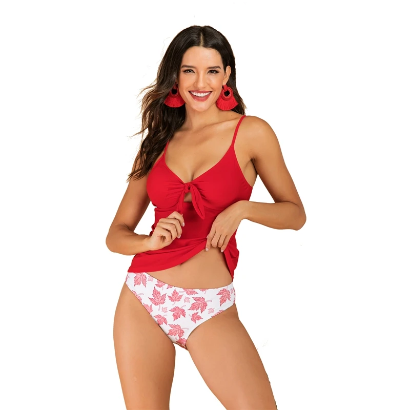 Red swimsuit Танкини, купальник размера плюс, купальник для женщин, контроль животика, купальник с цветочным рисунком, два предмета, женский купальник, бикини в полоску - Цвет: Red swimsuit