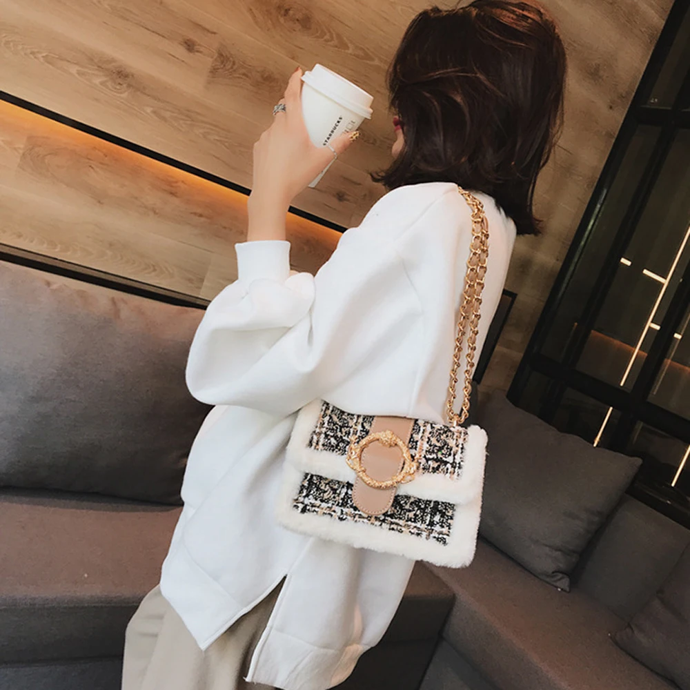 Роскошные женские Bolsa кроличьи волосы Bolsas Feminina Borse Да Донна цепь дамская сумочка