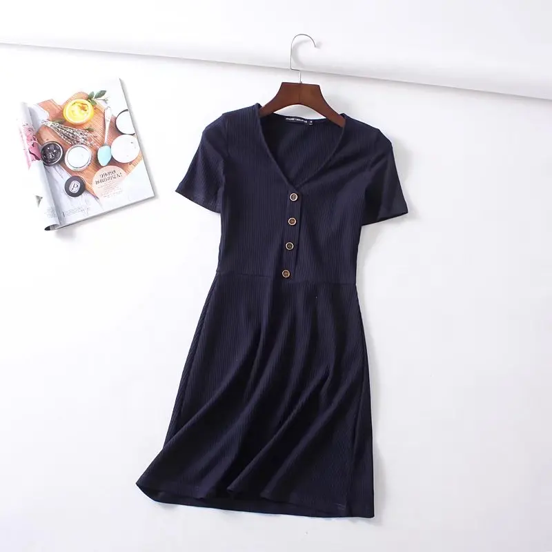 Тёмно-синий Beach Summer Dress Women Knitted Button V neck Rib Black Red Mini Dress Elegant Kawaii Casual Korean Vestidos - Цвет: Тёмно-синий