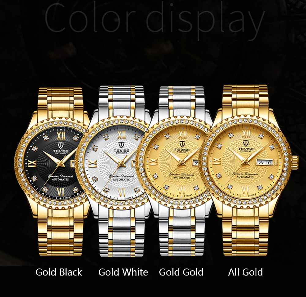 

Fashion Brand Tevise Gold Dial Men's Stainless Steel Automatic Watch Cool Men's Luminous Mechanical Clock Relogio Masculino