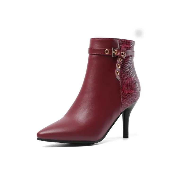 Women's Boots Autumn Winter High Heel Pointed Toe Zip Pu Ankle Thin Mixed-colors 2019 Basic New Sexy Fashion Wine Red Black | Обувь