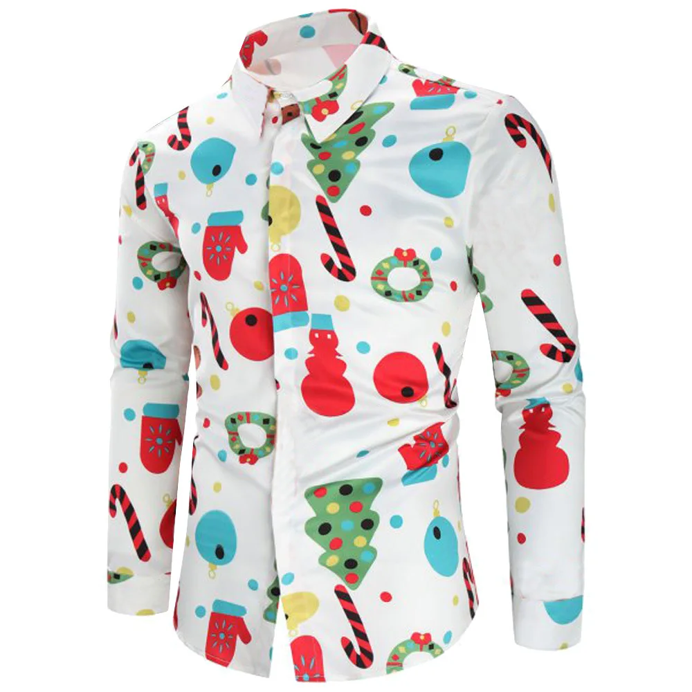 2018 Christmas Shirts Men Long Sleeve Turn-down Shirt Casual Slim Fit Print | Мужская одежда