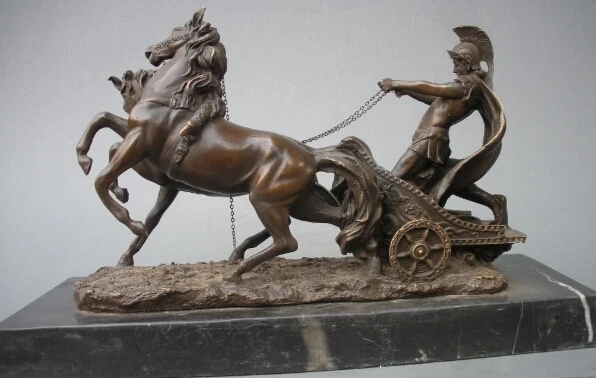 Чистая бронза Греческий воин руль лошадь автомобиль Художественная Скульптура |