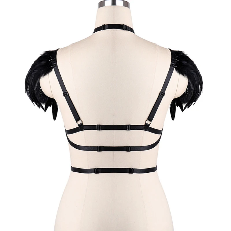 

Black Feather Wings Epaulettes Bondage Shoulder Festival Dance Rave Lingerie Women Feather Harness Gothic Body Harness
