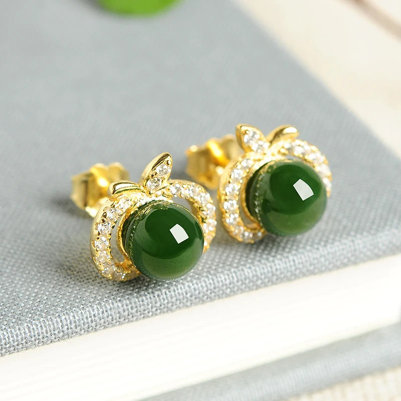 Natural Women'S Fine Jewelry 925 Silver Inlaid Authentic A Goods Jade Apple Earrings Abp1650 Free Shipping | Украшения и