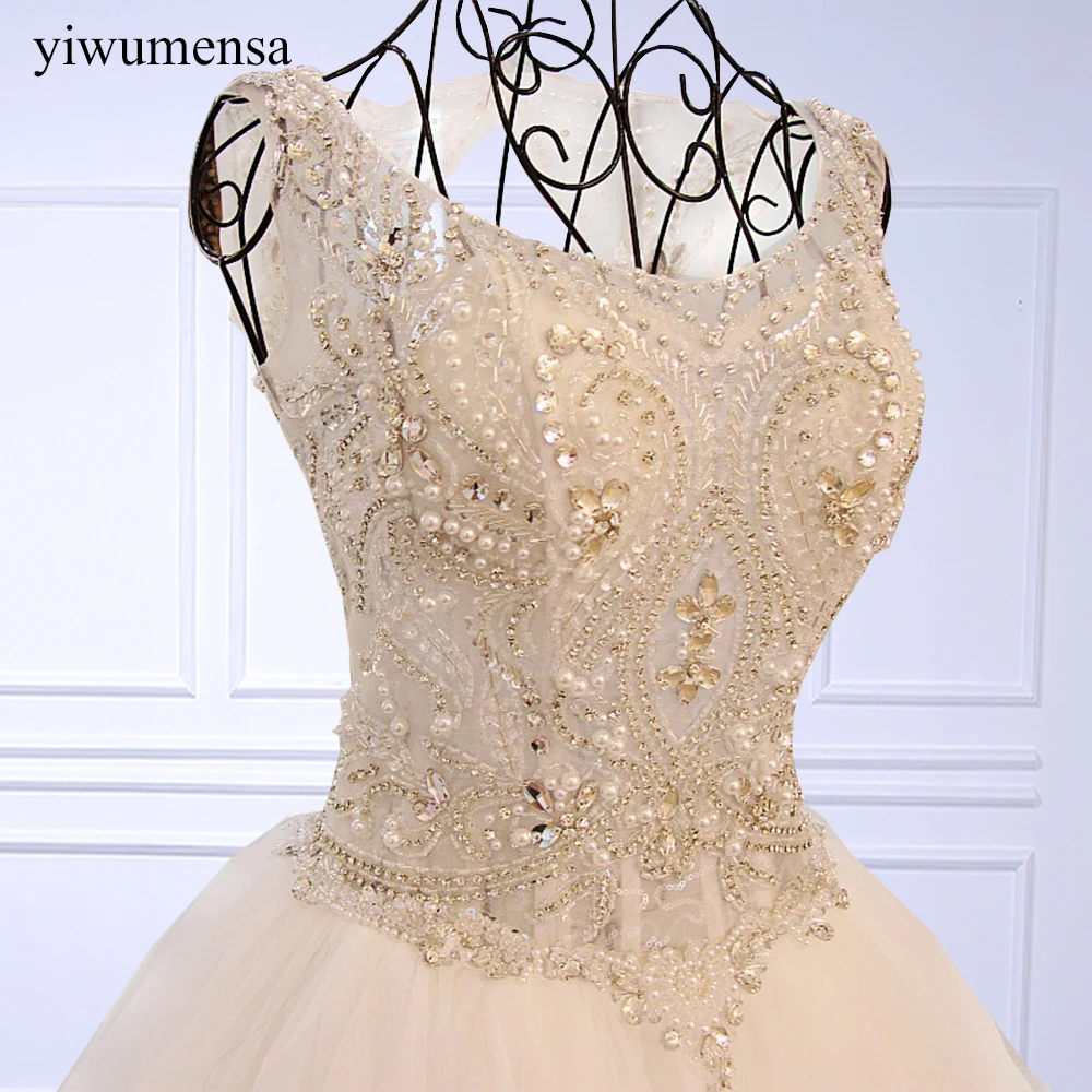 

YIWUMENSA Crystals Beaded Scoop Neck A Line Bridal Gowns Custom Made Lace-Up Back Robe De Marriage Luxury Wedding Dresses 2021