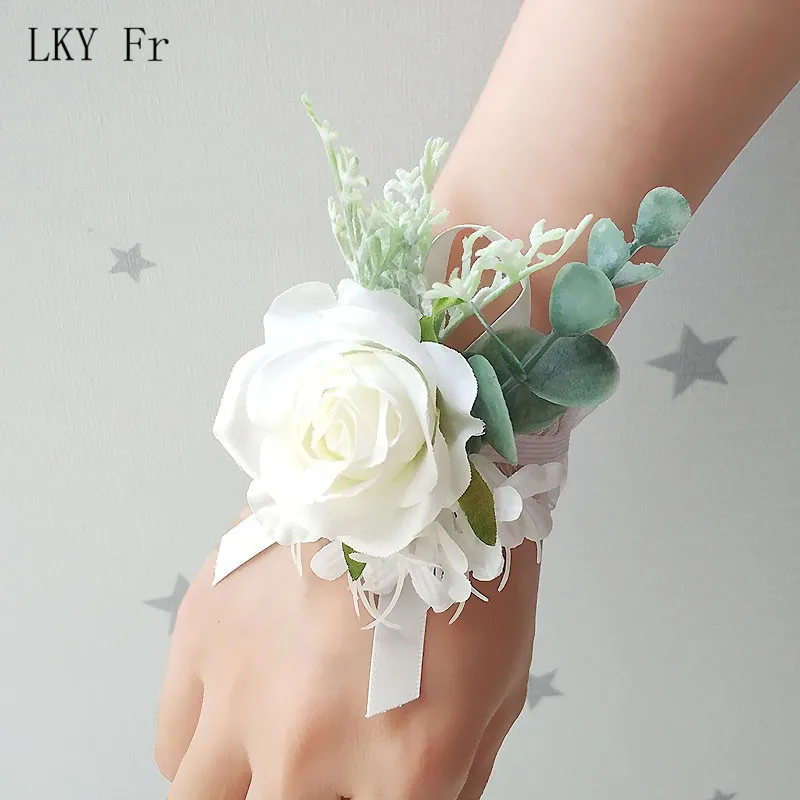 A Wrist Flower Искусственный бутоньерка жениха Бутоньерка Свадебный браслет из цветов подружки невесты белый розовый Шелковый цветок брошь свадебные булавки - Цвет: A Wrist Flower